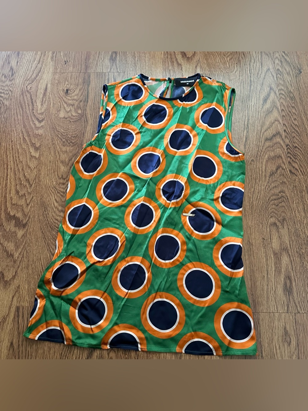 DSQUARED2 Green Navy and Orange Circular Print Sleeveless silk blouse size 40 4